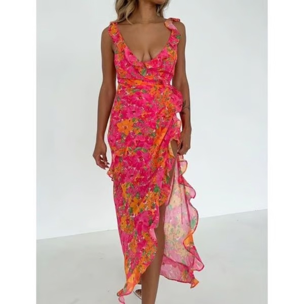 Rumored Pink and Orange Floral Ruffle Sheer Wrap Maxi Dress Medium